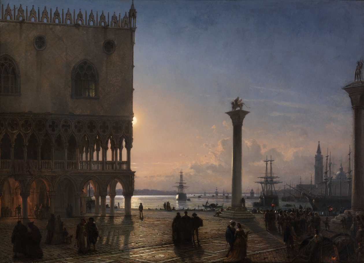 A moonlight view of the Piazza San Marco towards San Giorgio Maggiore av Friedrich Nerly