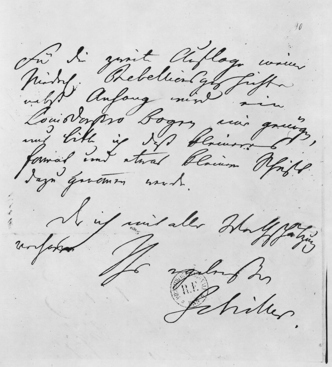 Sida med text med hans signatur av Friedrich Schiller