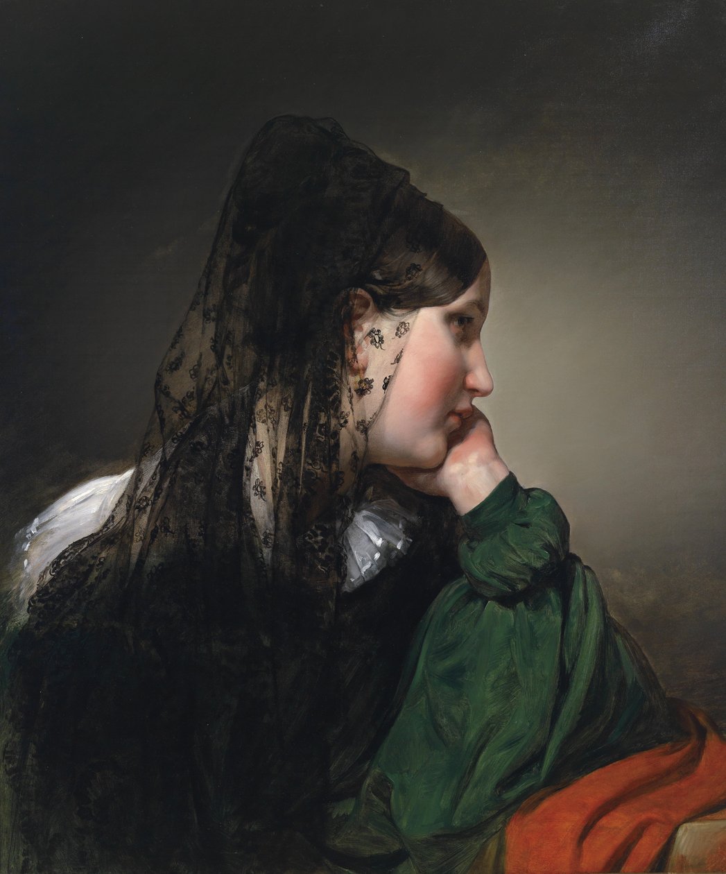 Mädchen im Profil mit schwarzer Mantille. av Friedrich von Amerling