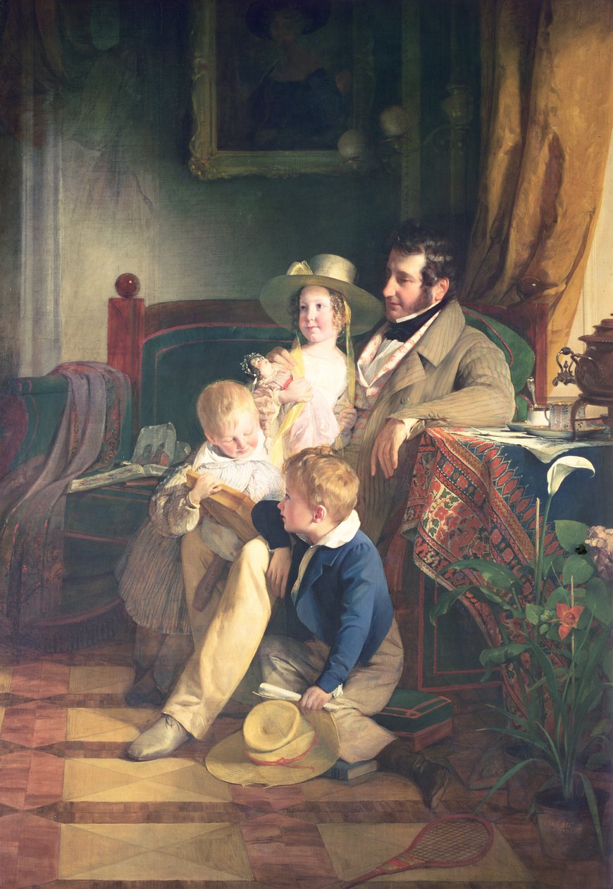 Rudolf von Arthaber (1795-1867) med sina barn Rudolf, Emilie och Gustav tittar på porträttet av sin avlidna mor, 1837 av Friedrich von Amerling