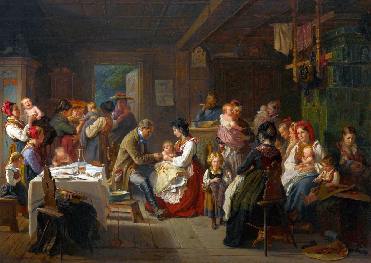 Vaccination contre la variole a la campagne - En vaccination mot smittkoppor på landsbygden - Friedrich Adolph Hornemann (1813-1890). Olja på duk av Friedrich Adolph Hornemann
