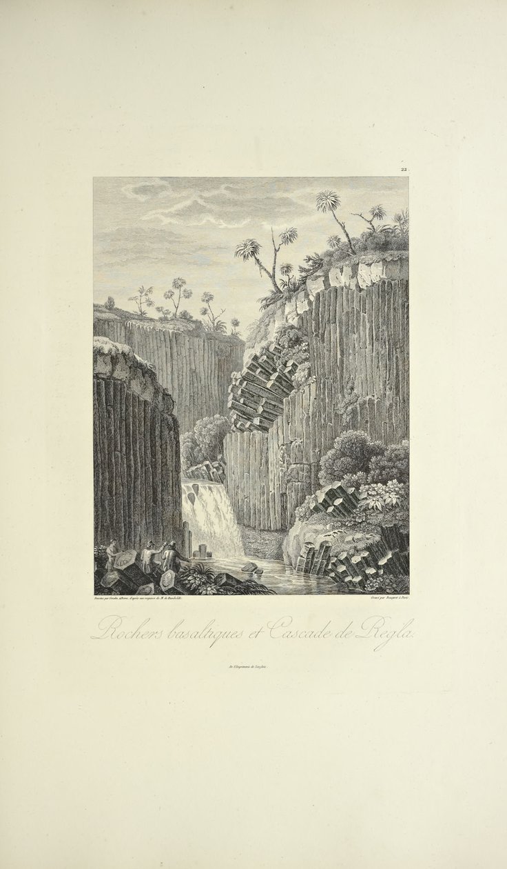 Basaltklipporna och Cascade de Regla, tecknad av Gmelin, graverad av Bouquet, illustration från 
