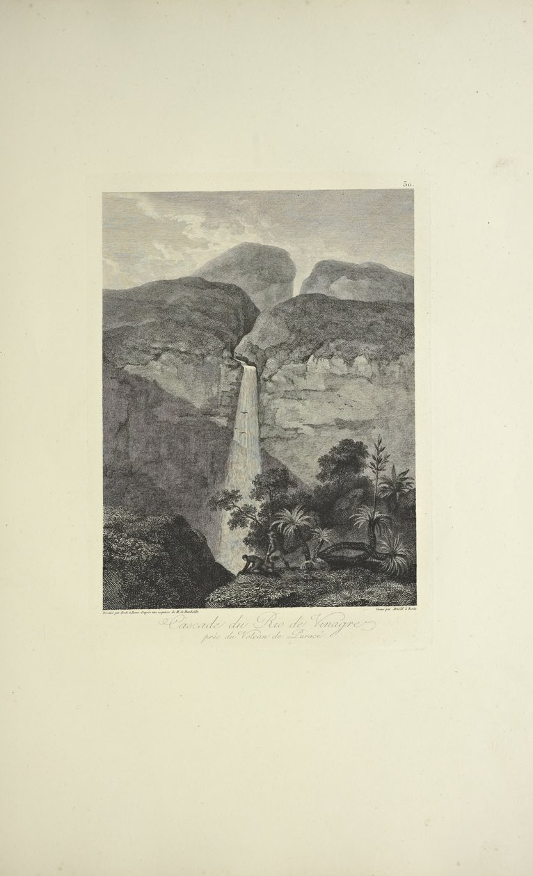 Falls of the Rio de Vinagre, nära Purace-vulkanen, tecknad av Koch, graverad av Arnold, illustration från 