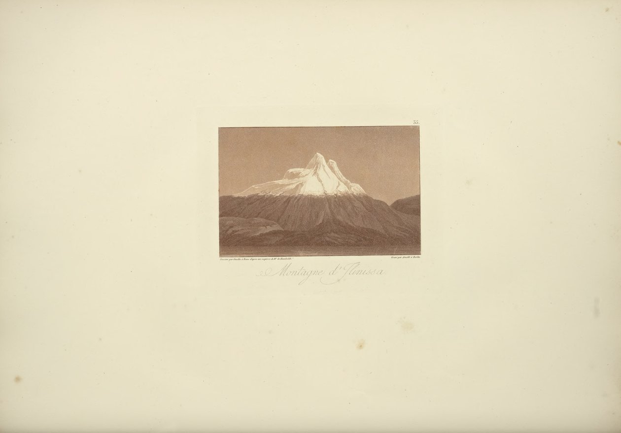 Mountains of Jlinissa, tecknad av Gmelin, graverad bu Arnold, illustration från "Views of the Cordilleras and Monuments of the Native Peoples of America" ​​av Alexander von Humboldt och Aime Bonpland av Friedrich Alexander Baron von (after) Humboldt