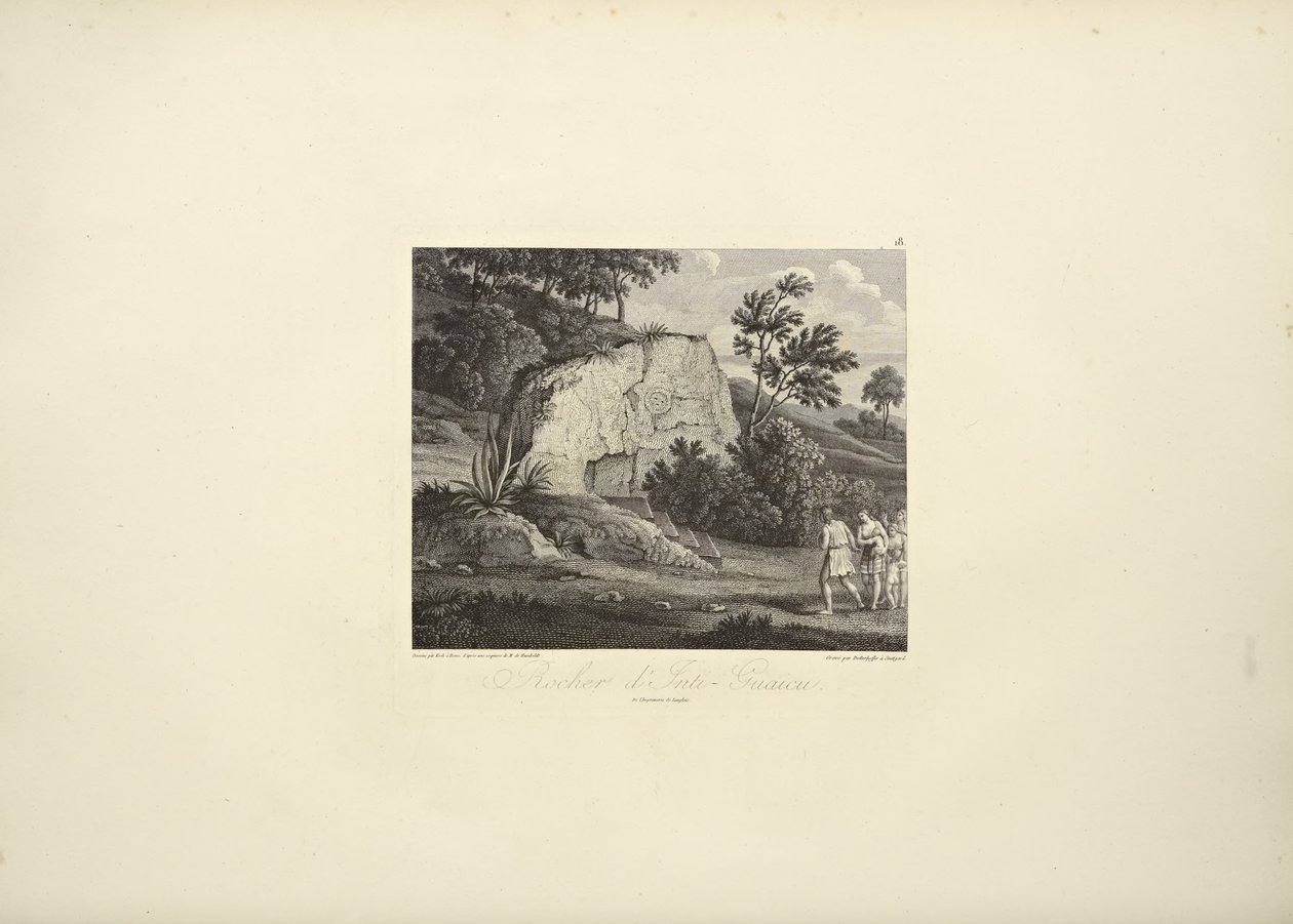 Rock of Inti-Guaicu, tecknad av Koch, graverad av Dutterhoffer, illustration från "Views of the Cordilleras and Monuments of the Native Peoples of America" ​​av Alexander von Humboldt och Aime Bonpland av Friedrich Alexander Baron von (after) Humboldt