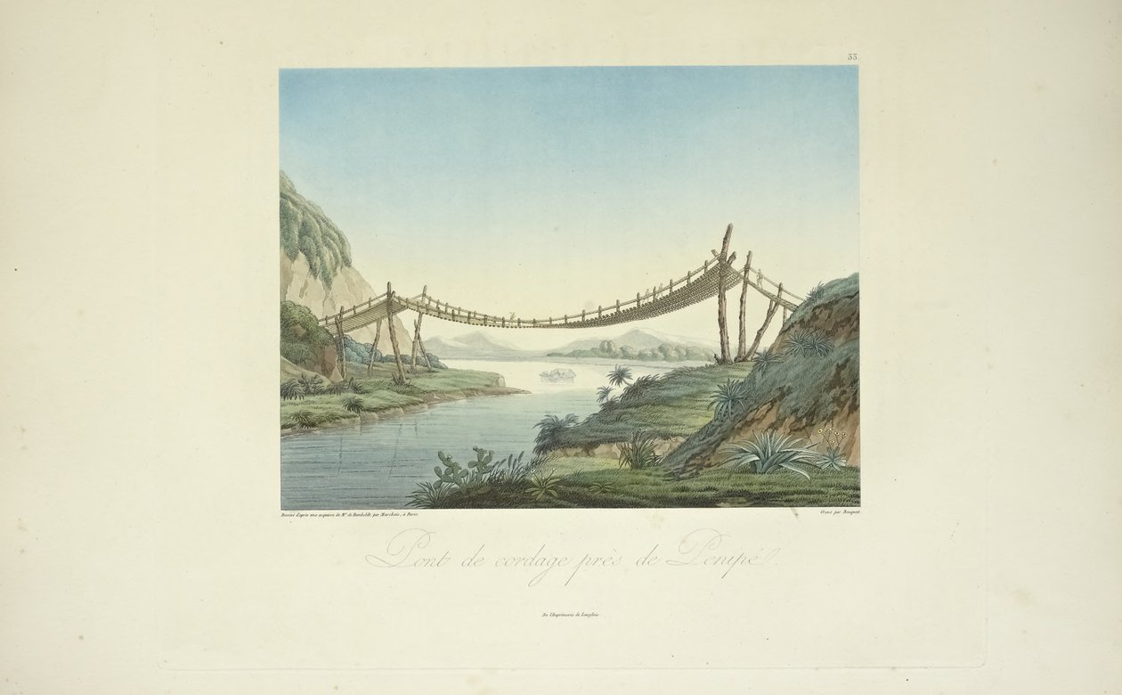 Rope Bridge nära Penipe, ritad av Marchais, graverad av Bouquet, illustration från 