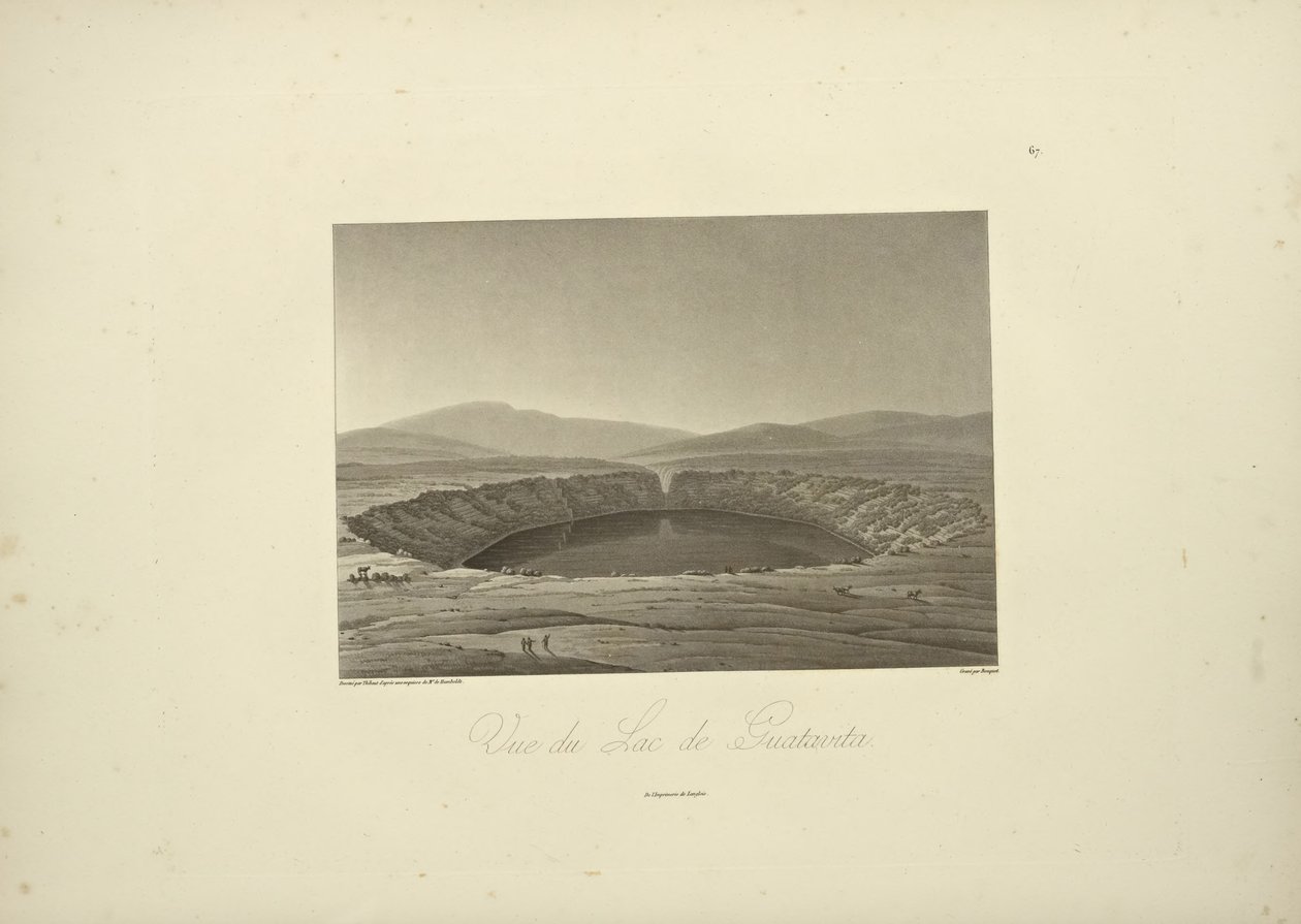Utsikt över Guatavitasjön, tecknad av Thibaut, graverad av Bouquet, illustration från "Views of the Cordilleras and Monuments of the Ursprungsbefolkning i Amerika" av Alexander von Humboldt och Aime Bonpland av Friedrich Alexander Baron von (after) Humboldt