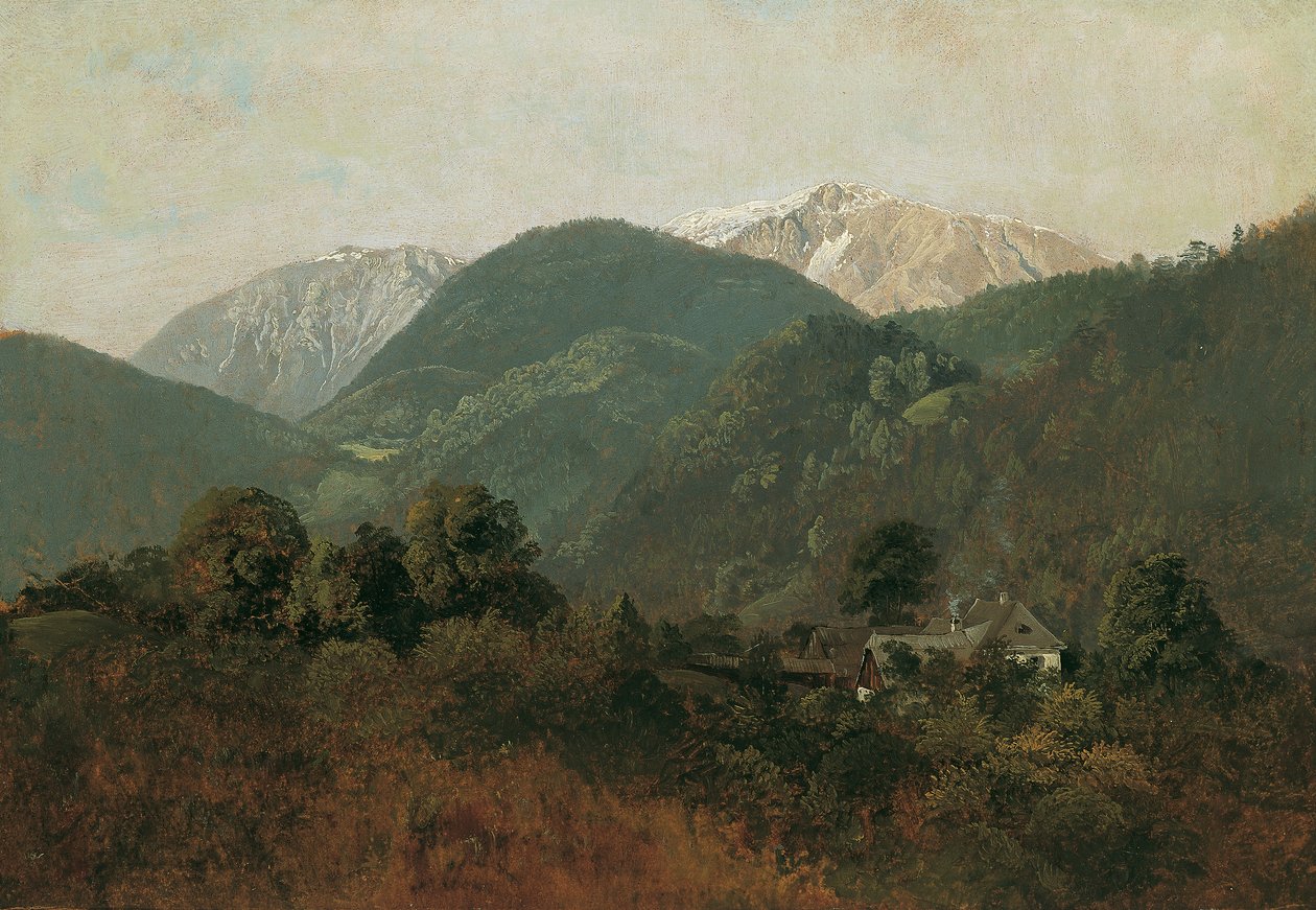 Utsikt från Scheuchenstein till Gauermannhof med Schneeberg i bakgrunden av Friedrich August Mathias Gauermann