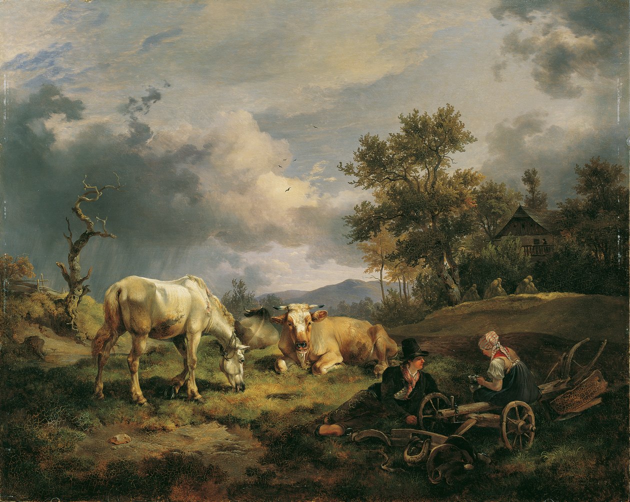 Unga bondepar som vilar i fältet av Friedrich August Mathias Gauermann