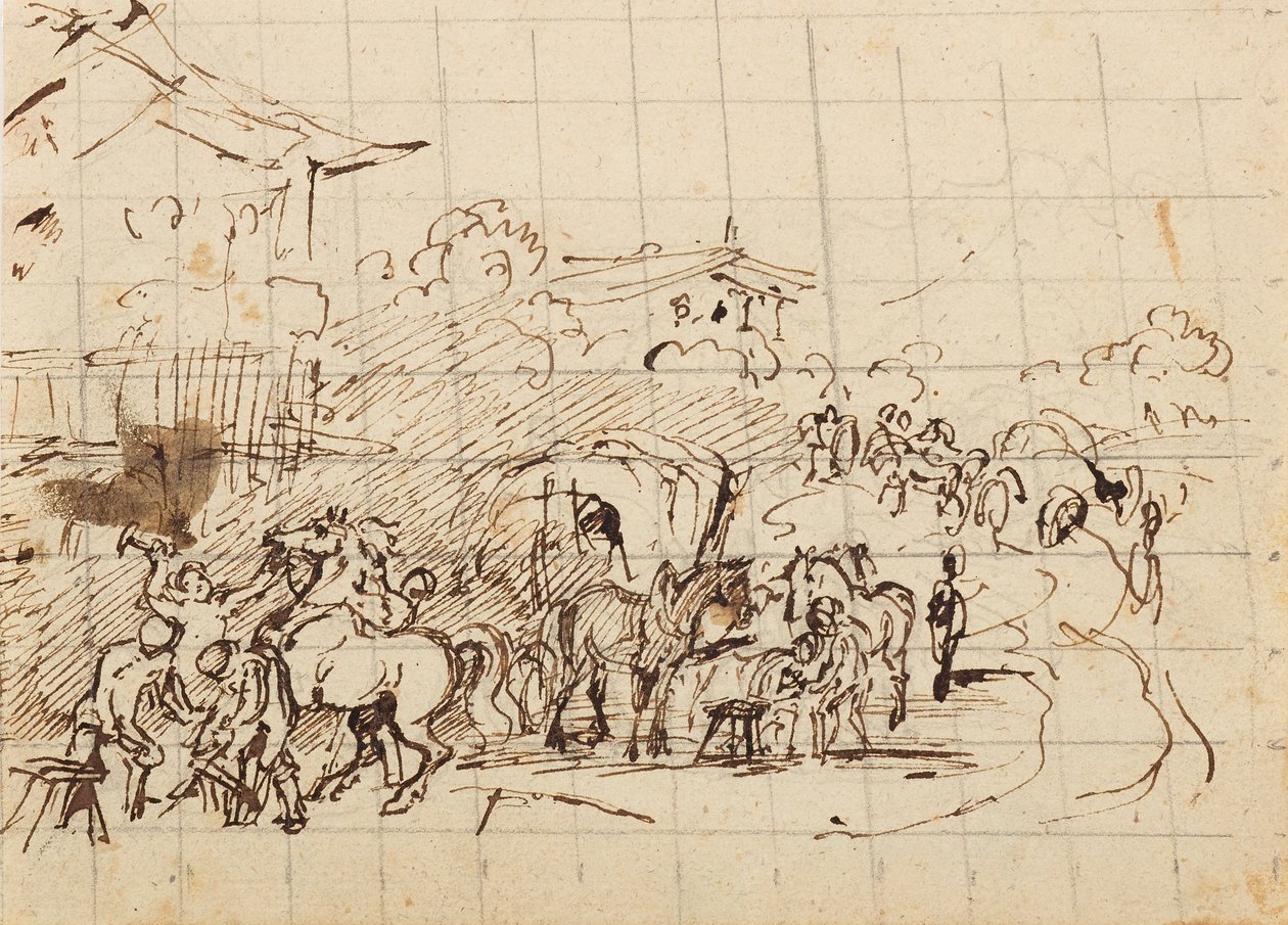 Hästar framför en smedja av Friedrich August Mathias Gauermann