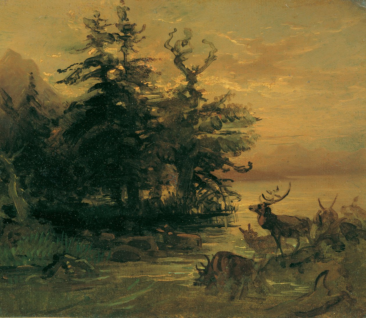 Vallande rådjur på stranden av en fjällsjö av Friedrich August Mathias Gauermann