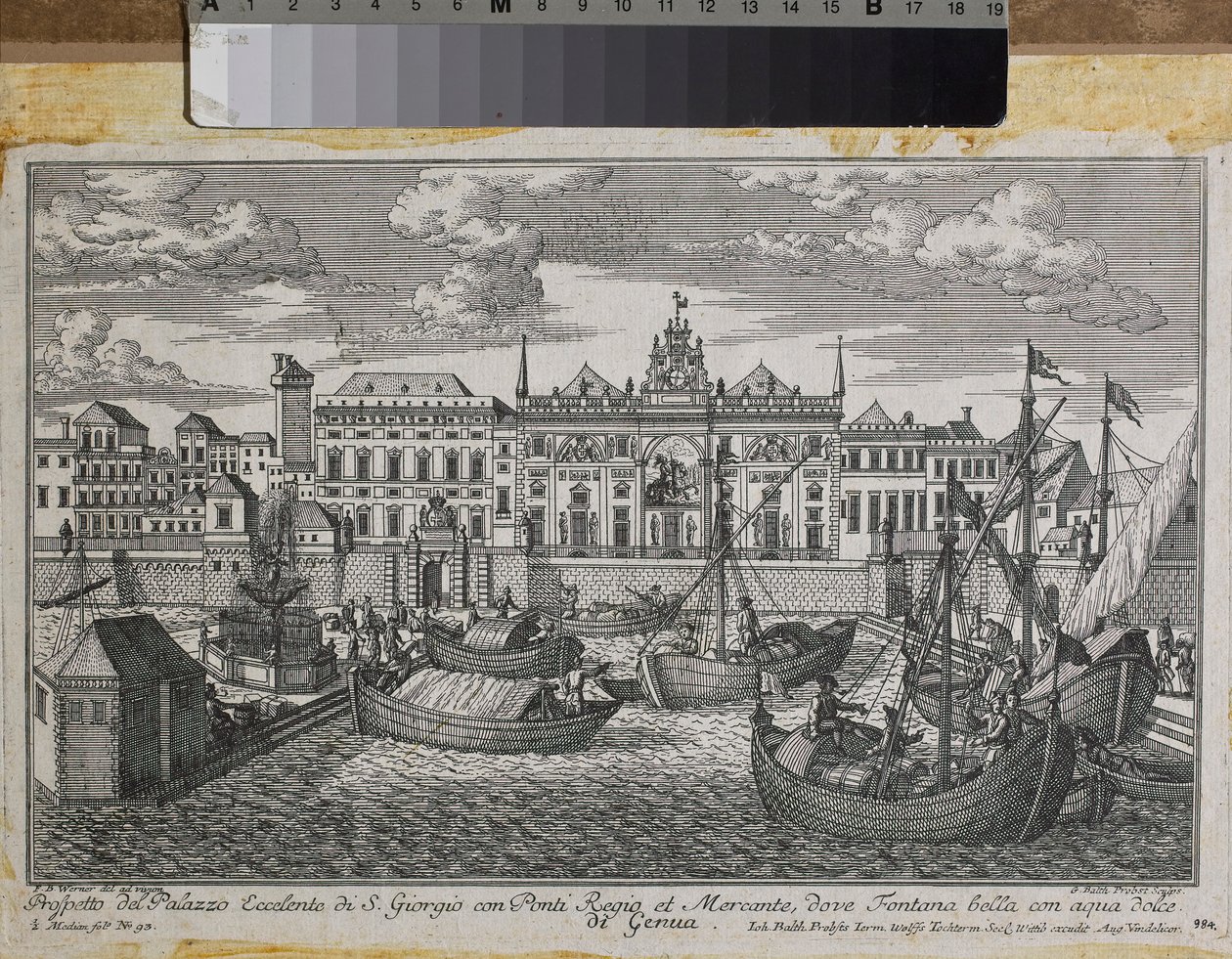 Plan över Genua som visar den kungliga bron, den nya bron i Mercanzia och St. George-palatset sett från havet, ca 1750 (gravyr) av Friedrich Bernhard Werner