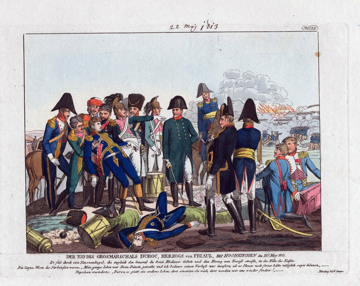 Marskalk Durocs död i Hochkirchen den 22 maj 1813 (bataille de Bautzen ou Wurschen) - Campe, August Friedrich Andreas (1777-1846) - Etsning, akvarell - 24x28,5 - Privat samling av Friedrich Campe