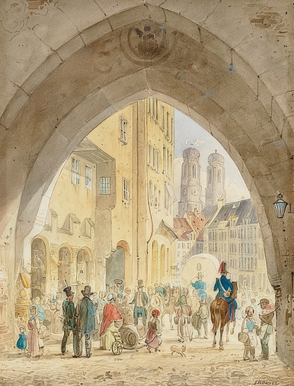 München - Utsikt från det gamla rådhuset till tornen i Frauenkirche. 1849 av Friedrich Eibner