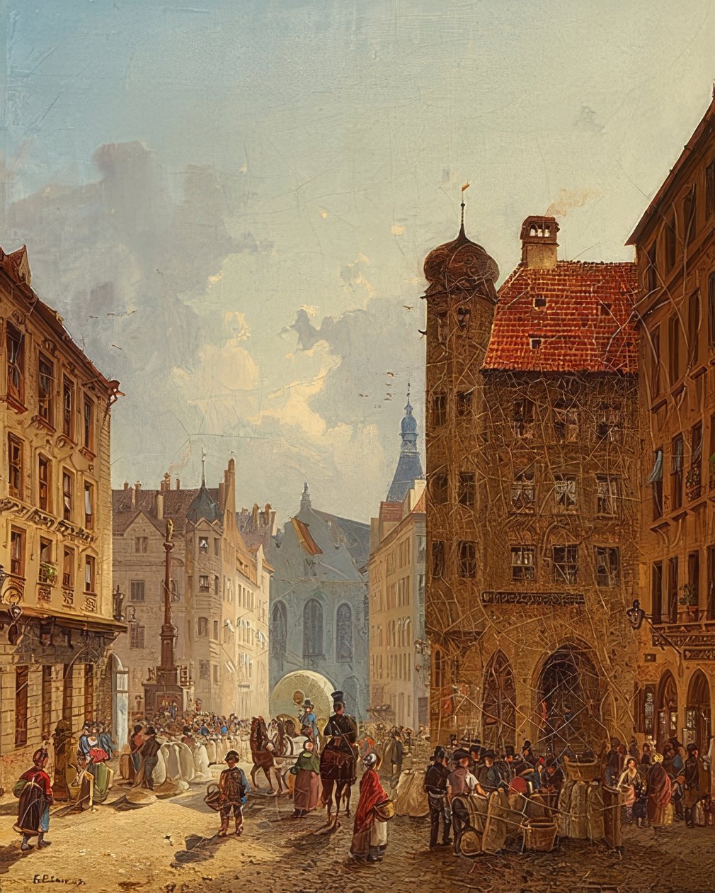 München - Utsikt från Kaufingerstrasse till det gamla rådhuset. 1849 av Friedrich Eibner