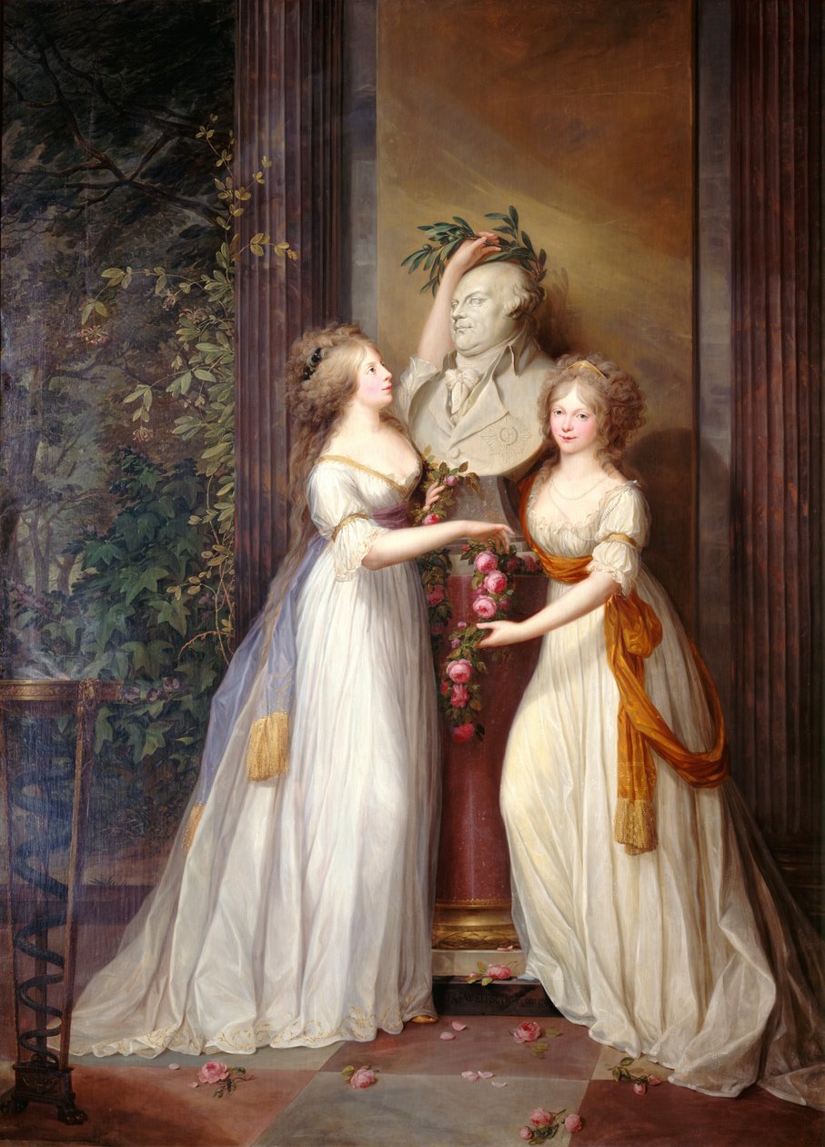 Prinsessorna Louise och Frederica av Preussen kröner Fredrik Vilhelm II:s byst 1795. av Friedrich Georg Weitsch