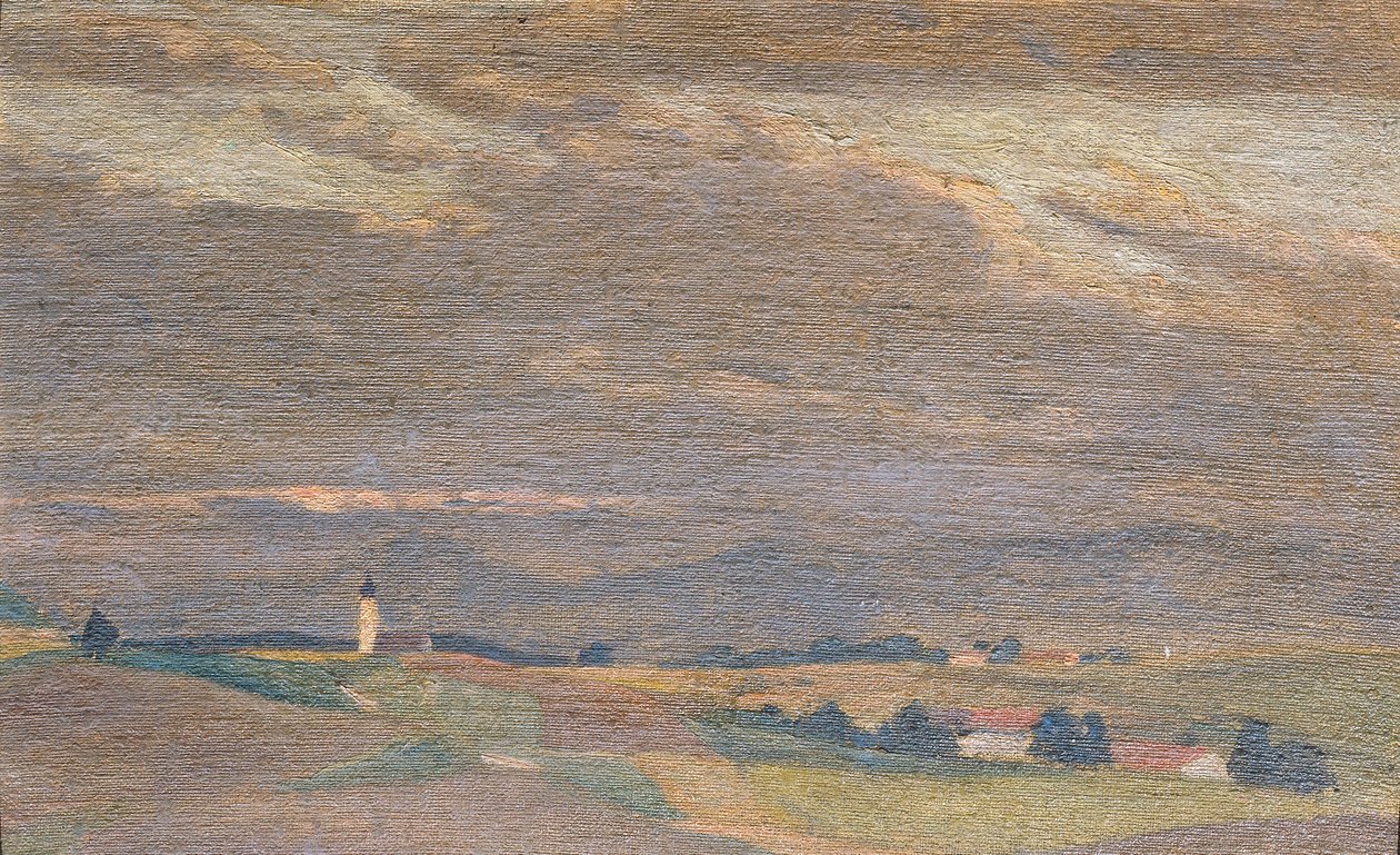 Kvällslandskap med kyrktorn av Friedrich Hasslwander