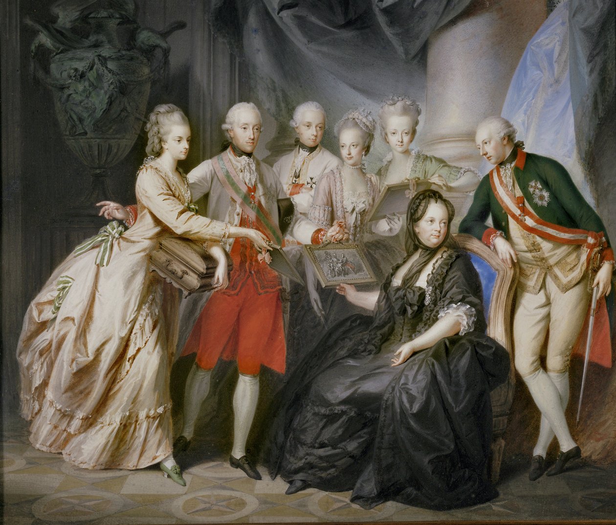 Kejsarinnan Maria Theresia omgiven av sina barn i änkevädret efter sin makes, kejsar Franz Stephans, död ... (målning på duk) av Friedrich Heinrich Fuger