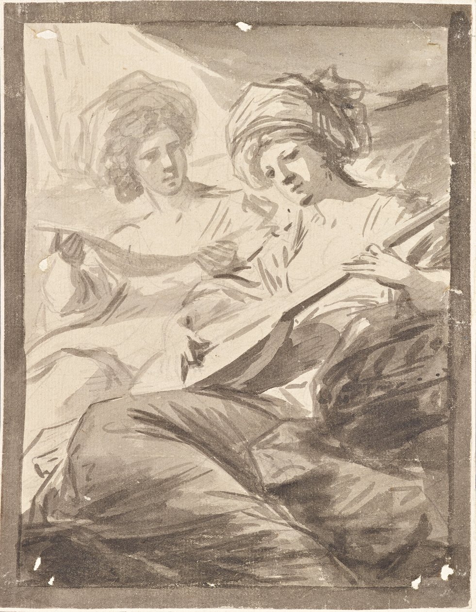 Två kvinnor med mandolin (studie till dubbelporträttet av systrarna Victoire och Sophie von Fries?) av Friedrich Heinrich Fuger