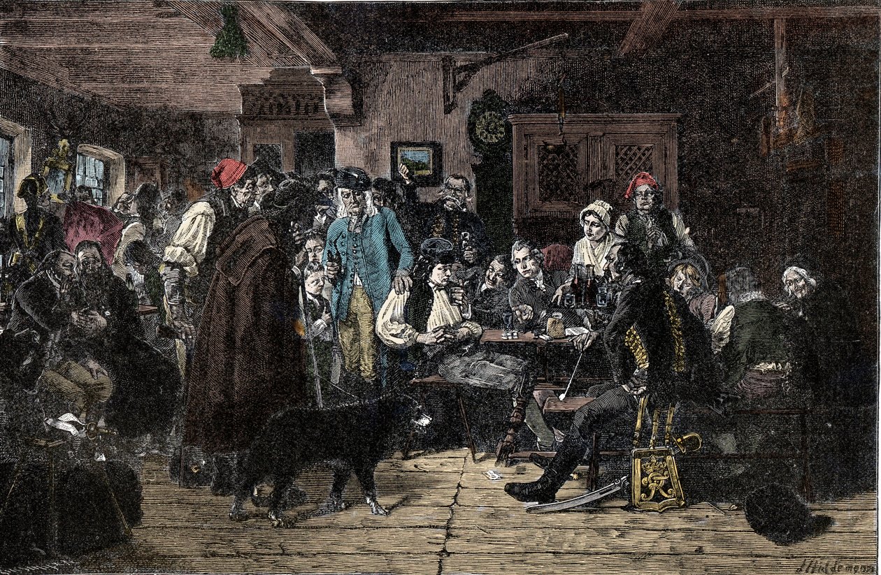 Schlesiens krig: Rekrytering till den schlesiska armén - Schlesienkrigen (1740-1763): Rekrytering av trupperna från Fredrik II av Preussen, känd som den store (1712-1786) - 1882 - Träsnitt av Hiddemann, Friedrich (1829-1892) av Friedrich Hiddemann