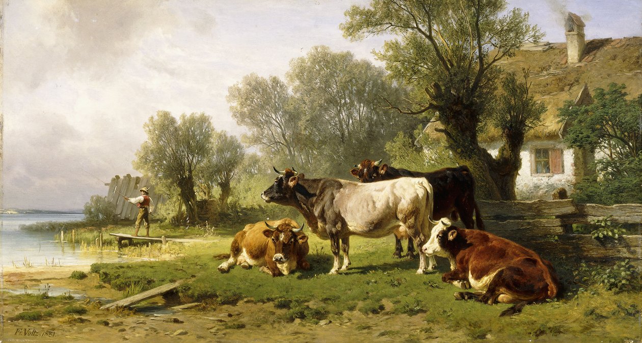 Boskap på en gård längs en flod med en fiskare bortom, 1881 av Friedrich Johann Voltz