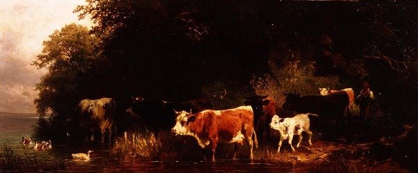 Skogbevuxen flodlandskap med drövare och nötkreatursvattning av Friedrich Johann Voltz
