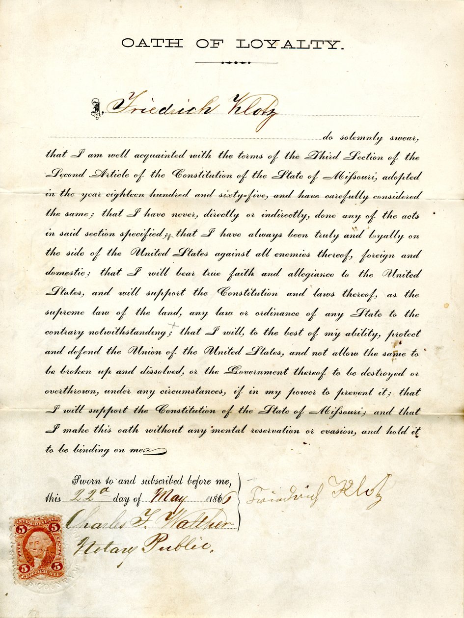 Loyalty oath of Friedrich Klotz of Missouri, County of St. Louis av Friedrich Klotz