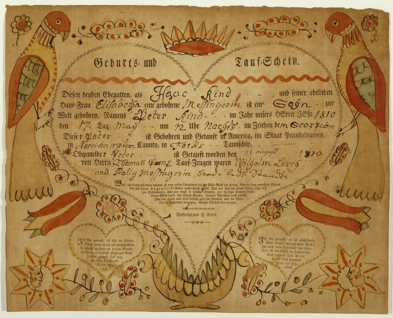Födelse- och dopbevis, c. 1790-1800 (oxgall tusch, akvarell och gravyr på lagt papper) av Friedrich Krebs