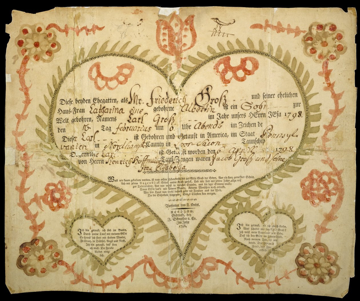 Födelse- och dopbevis, c. 1800 (oxgall bläck, akvarell och gravyr på lagt papper) av Friedrich Krebs