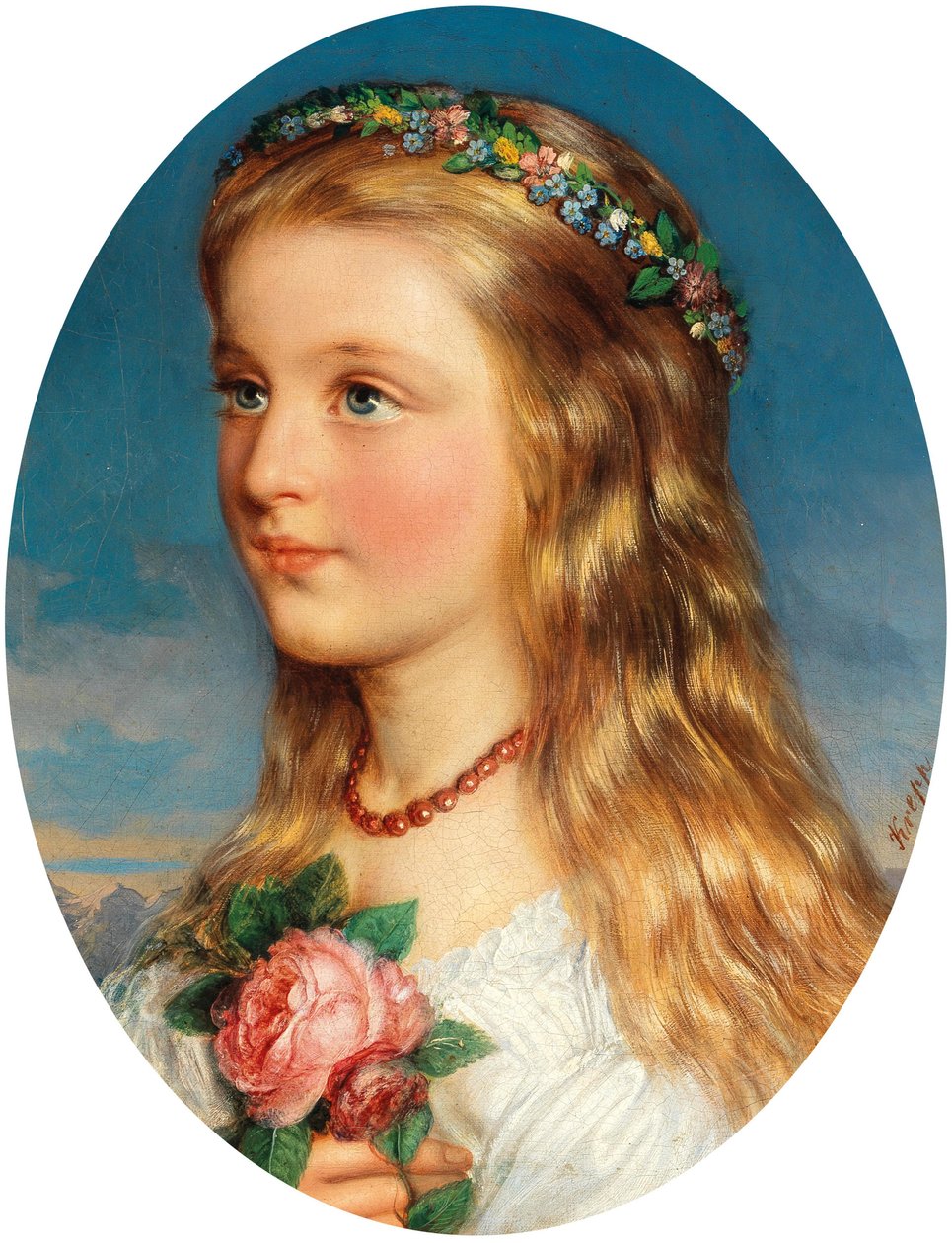 Friedrich Krepp Porträtt av en flicka med blomsterkrans och rosor av Friedrich Krepp