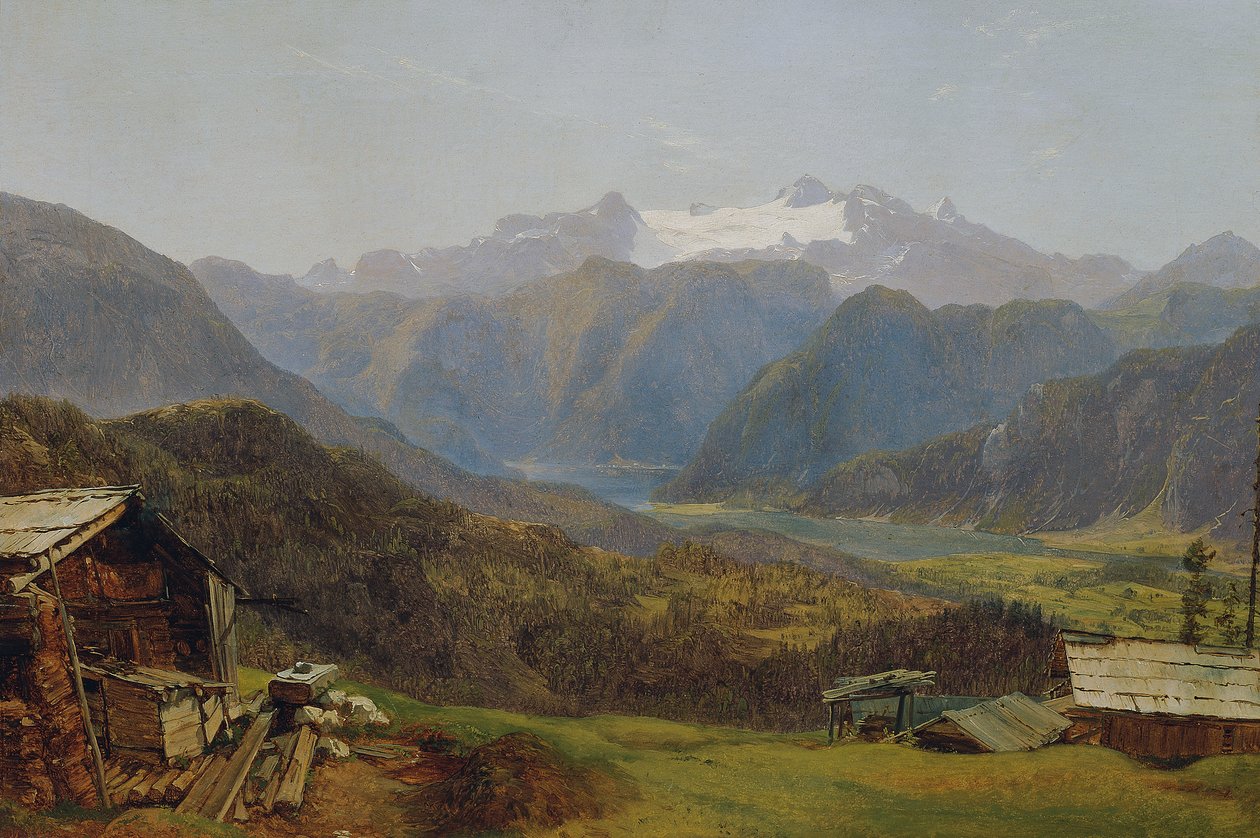 Utsikt över sjön Hallstatt och Dachstein från Hütteneckalm av Friedrich Loos