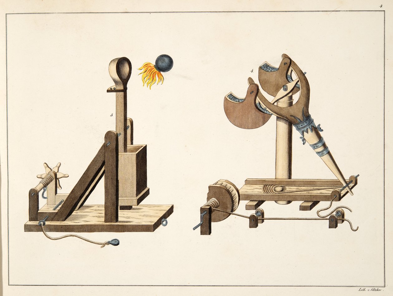 Sling med "grekisk eld", platta från "A History of the Development and Customs of Chivalry", av Dr. Franz Kottenkamp, utgiven av Carl Hoffmann, 1842. av Friedrich Martin von Reibisch