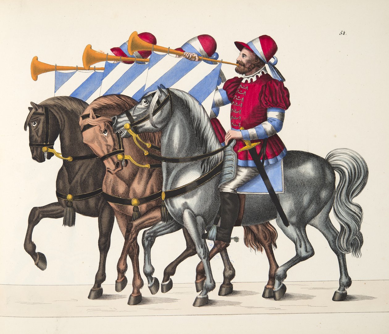 Tre musiker vid en turnering, skylt från A History of the Development and Customs of Chivalry, av Dr Franz Kottenkamp, utgiven av Carl Hoffmann, 1842 av Friedrich Martin von Reibisch
