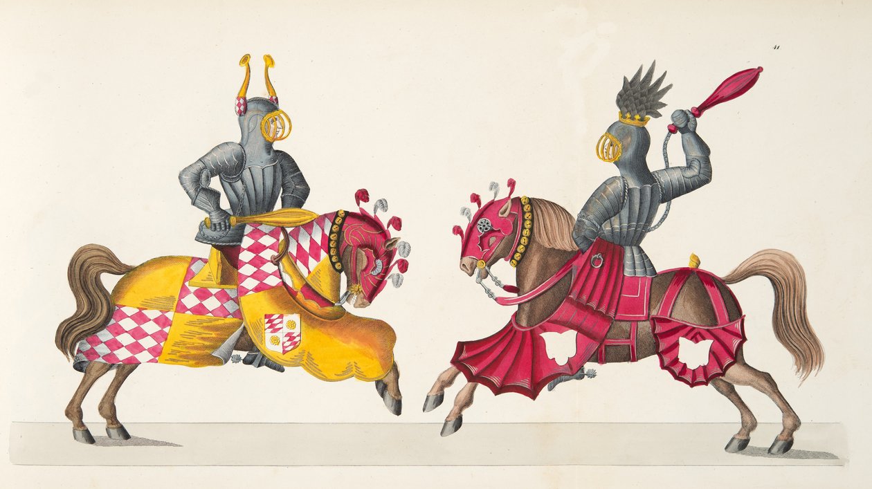 Två riddare i en turnering, platta från "A History of the Development and Customs of Chivalry", av Dr. Franz Kottenkamp, utgiven av Carl Hoffmann, 1842. av Friedrich Martin von Reibisch