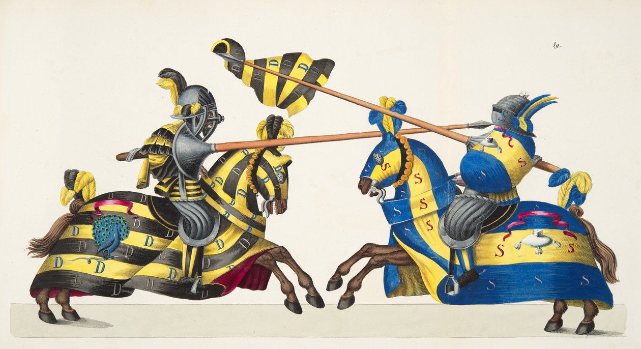 Två riddare i en turnering, platta från "A History of the Development and Customs of Chivalry", av Dr. Franz Kottenkamp, utgiven av Carl Hoffmann, 1842. av Friedrich Martin von Reibisch