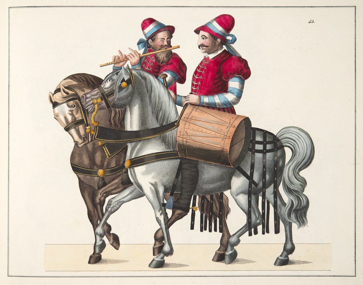 Två musiker vid en turnering, skylt från A History of the Development and Customs of Chivalry, av Dr. Franz Kottenkamp, utgiven av Carl Hoffmann, 1842 av Friedrich Martin von Reibisch