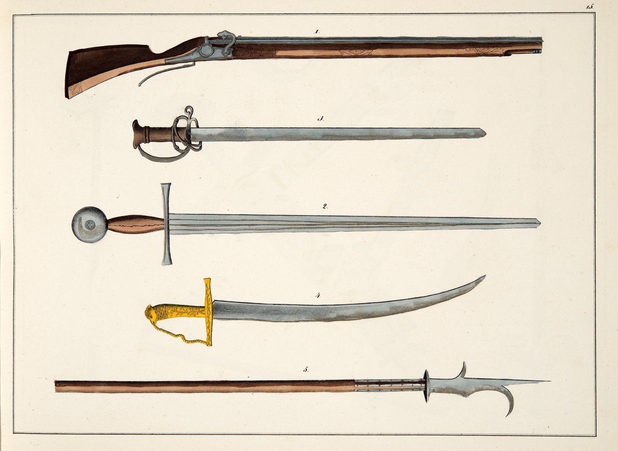 Vapen inklusive svärd och spjut, ca 1400, skylt från A History of the Development and Customs of Chivalry, av Dr Franz Kottenkamp, publicerad av Carl Hoffmann, 1842 av Friedrich Martin von Reibisch