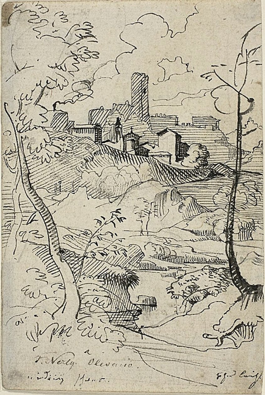 Italiensk stad med flod (recto); Vy över en stad (verso) av Friedrich Nerly