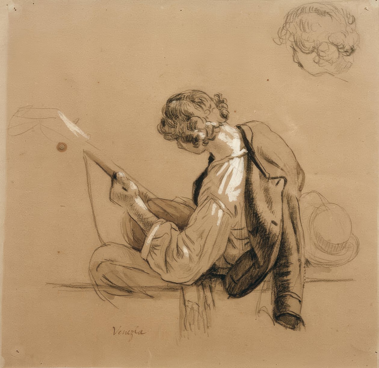Sittande lutspelare; huvudstudie av Friedrich Nerly