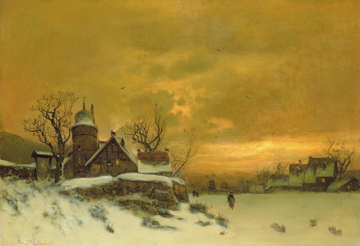 Vinterlandskap med utsikt över byggnader på kvällen av Friedrich Nicolai Joseph Heydendahl