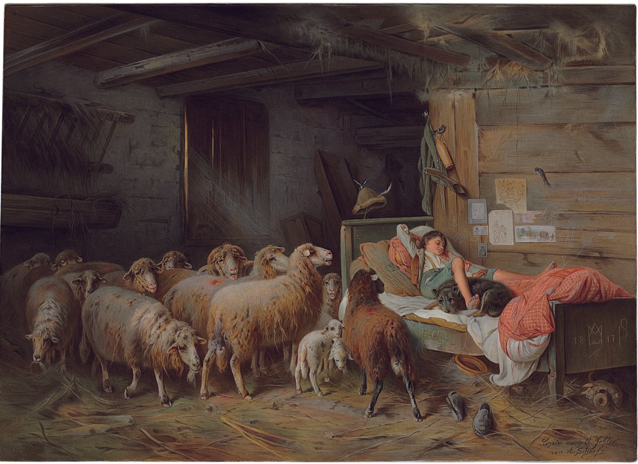 Tavla som visar en herde som sover med sin hund, en obevakad flock vid hans sida, sent 1800 - tidigt 1900-tal av Friedrich Otto Gebler