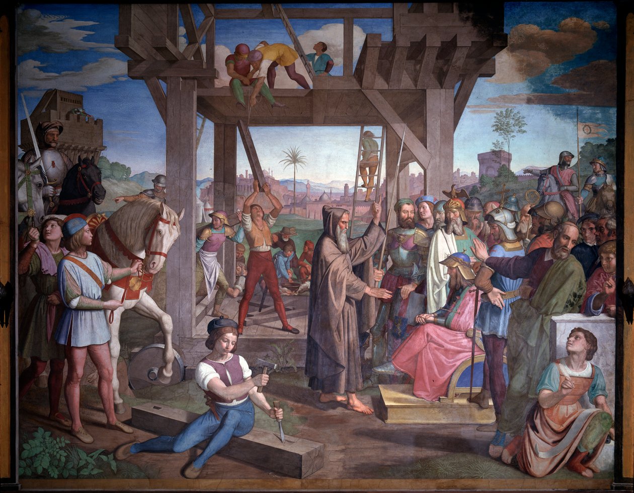 Första korståget: Förberedelser för attacken av Jerusalem. Representation av Godefroy de Bouillon, sittande framför Eremiten Peter - Fresco av Friedrich Overbeck