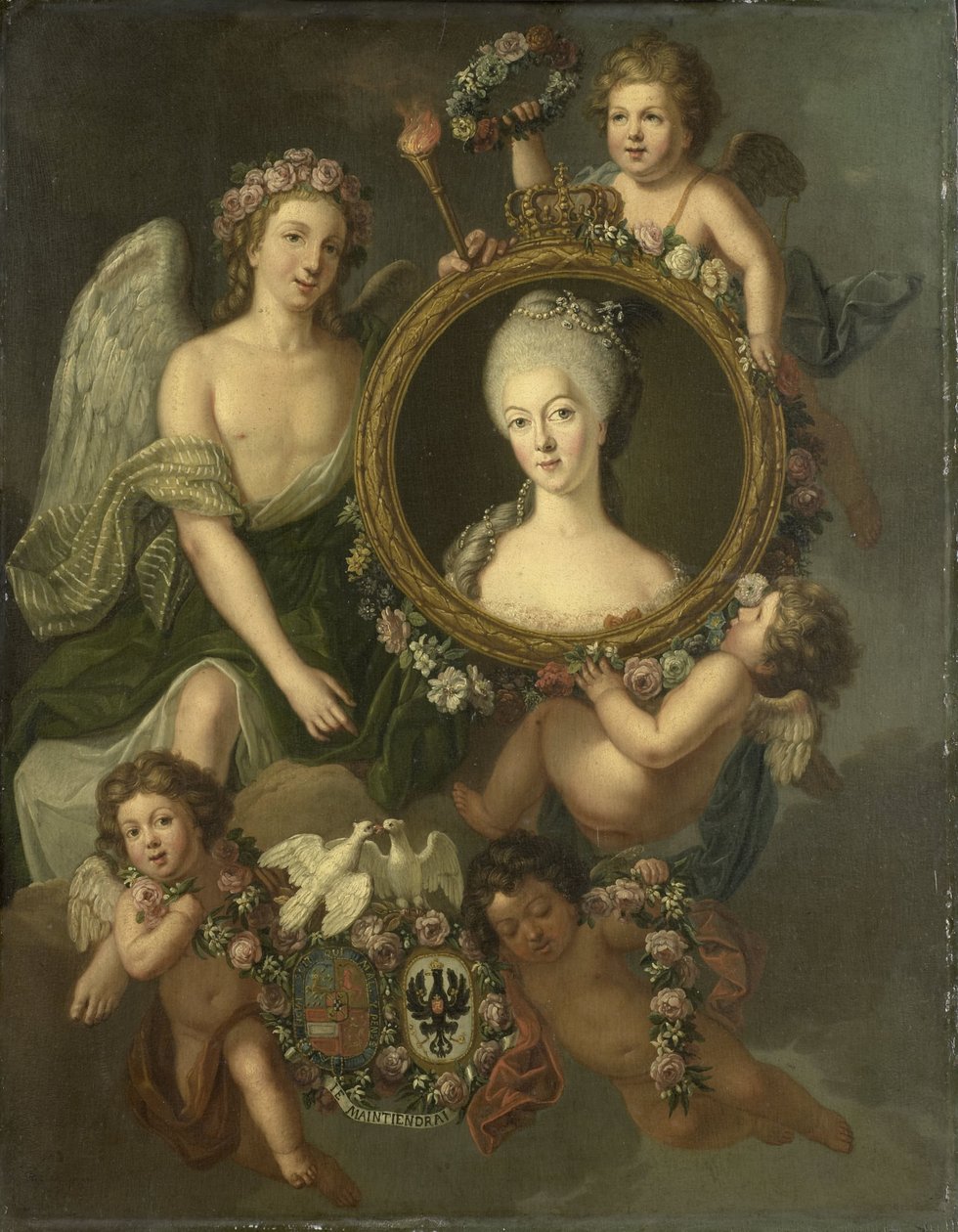Porträtt av Wilhelmina av Preussen i en medaljong med anspelningar på hennes äktenskap med prins William V den 4 oktober 1767 i Berlin (Frederika Sophia Wilhelmina) av Friedrich Reclam