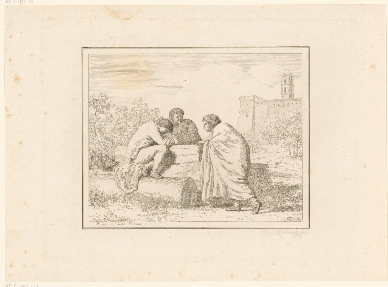Tre unga män Scener från vardagen i Italien Figur, prese dal vero, ed incise a aqua forte (serietitel) av Friedrich Rehberg
