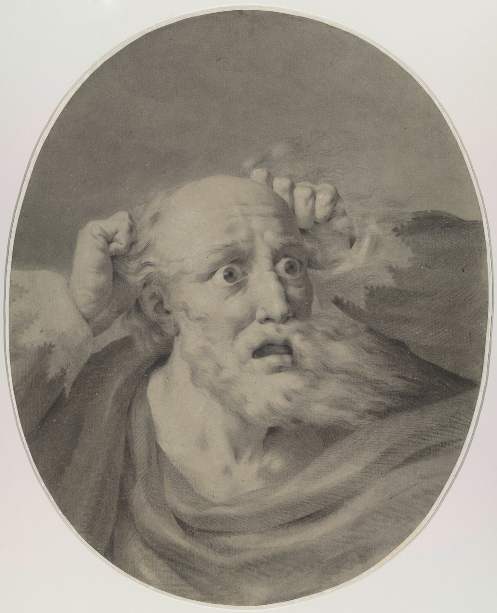 Gammal man med skägg, scuffing hans hår. av Friedrich Rehberg