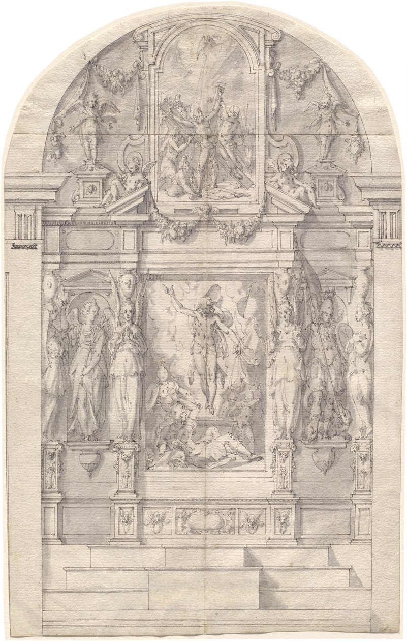 Ett utarbetat altare med Kristi uppståndelse och Saint Andrews martyrskap av Friedrich Sustris