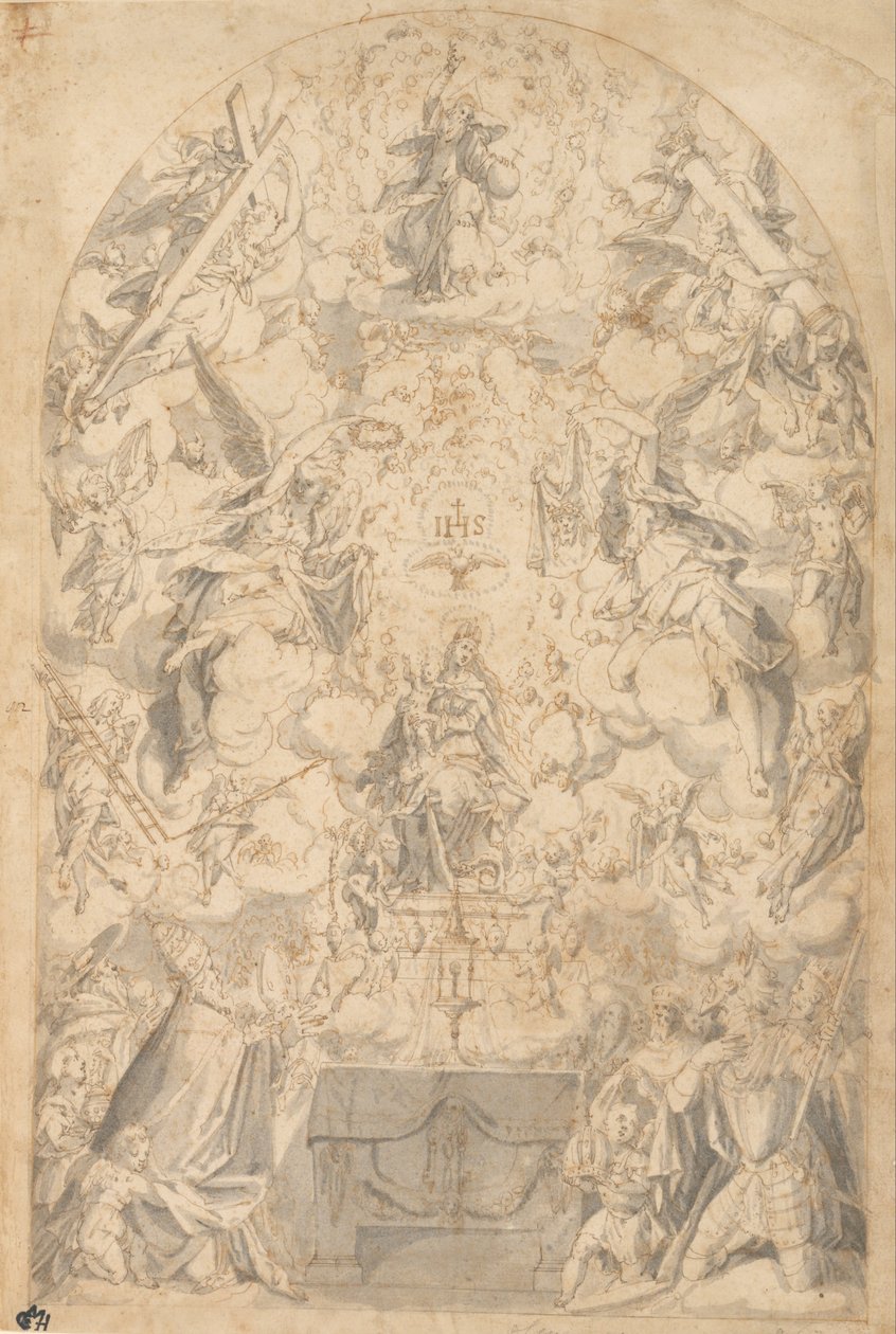 Madonna och barnet med änglar som bär symboler för lidandet av Friedrich Sustris