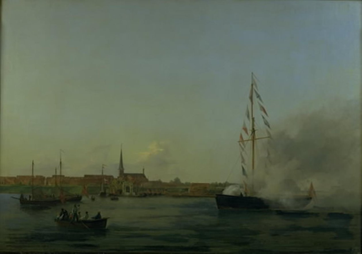 Hamnen i Nyborg. I förgrunden skäraren "Neptunus" av Friedrich Theodore Kloss