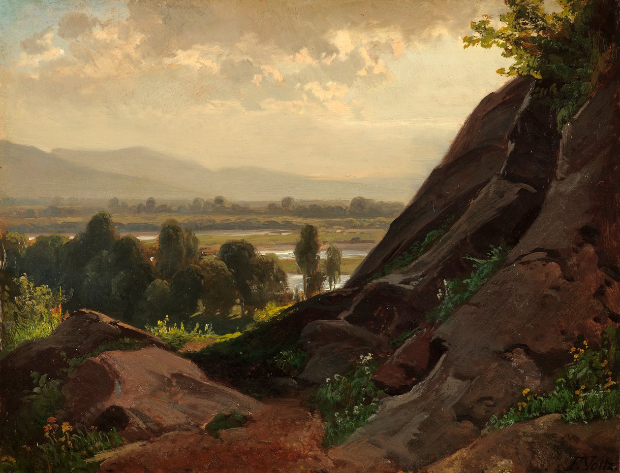 Bergslandskap med en klipphäll i förgrunden av Friedrich Voltz