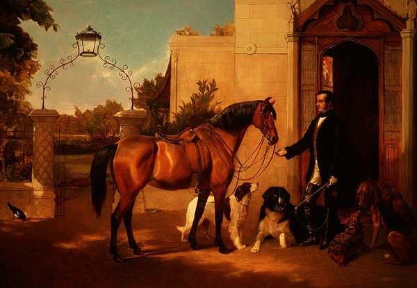 En herre med sin jägare och hundar utanför sitt hus av Friedrich Wilhelm Keyl